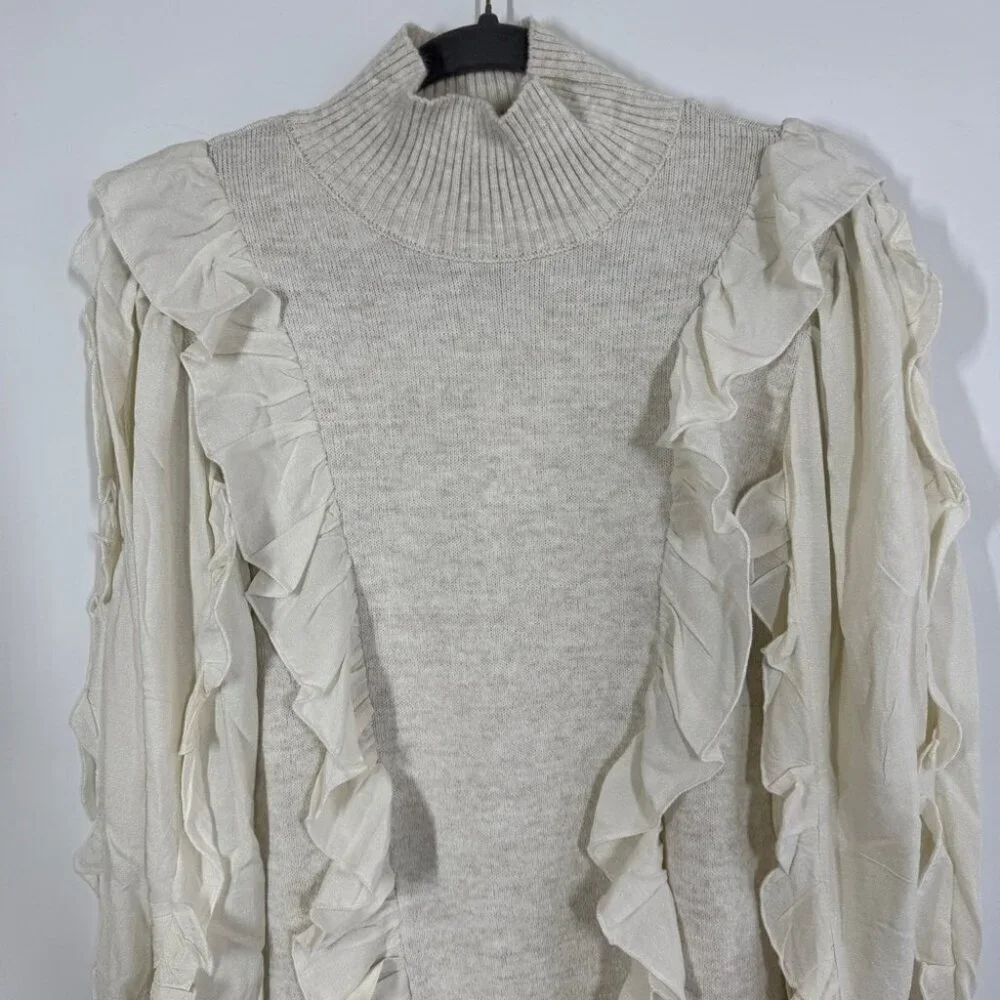 FIGARO Beige Sweater Long Sleeve Ruffle Knit Mini Dress  Quiet Luxury Size 2